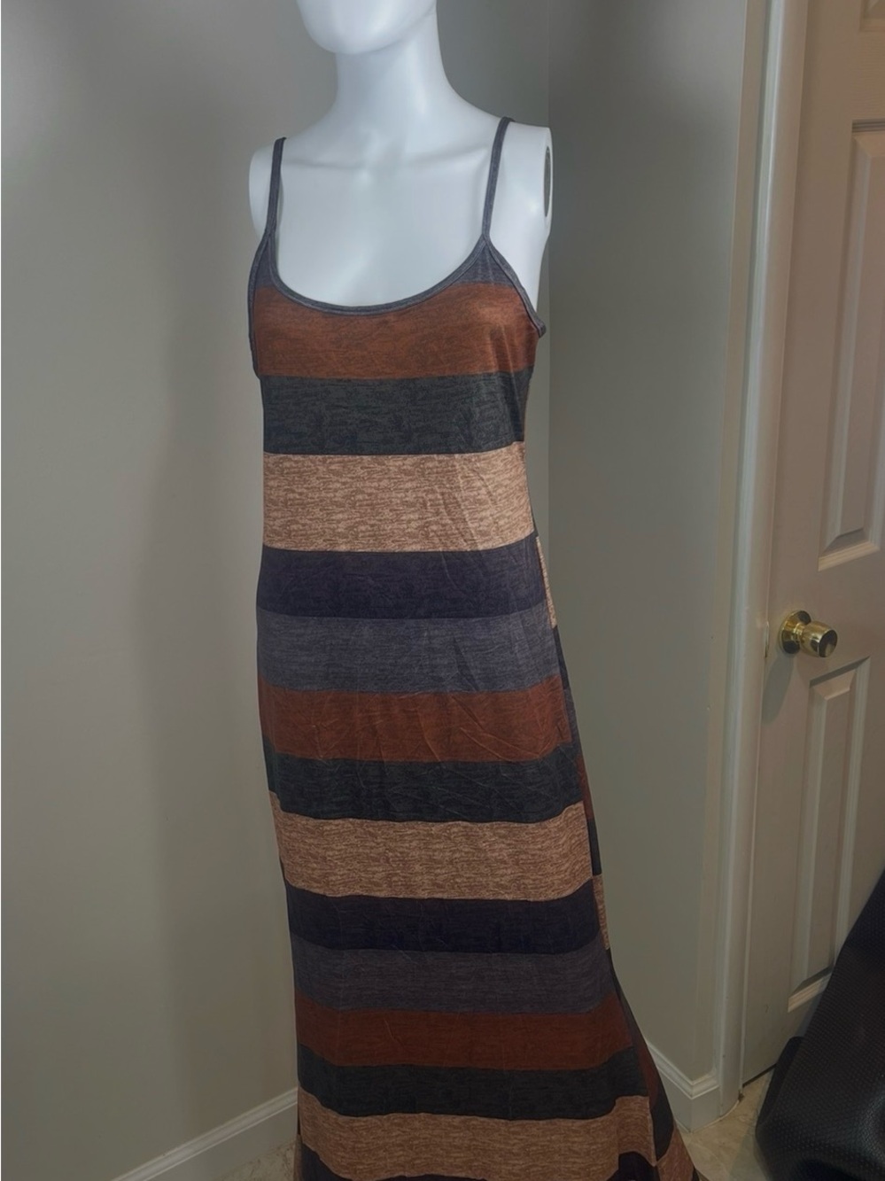 SHEIN Striped Spaghetti Strap Maxi Dress in Rust, Taupe & Charcoal